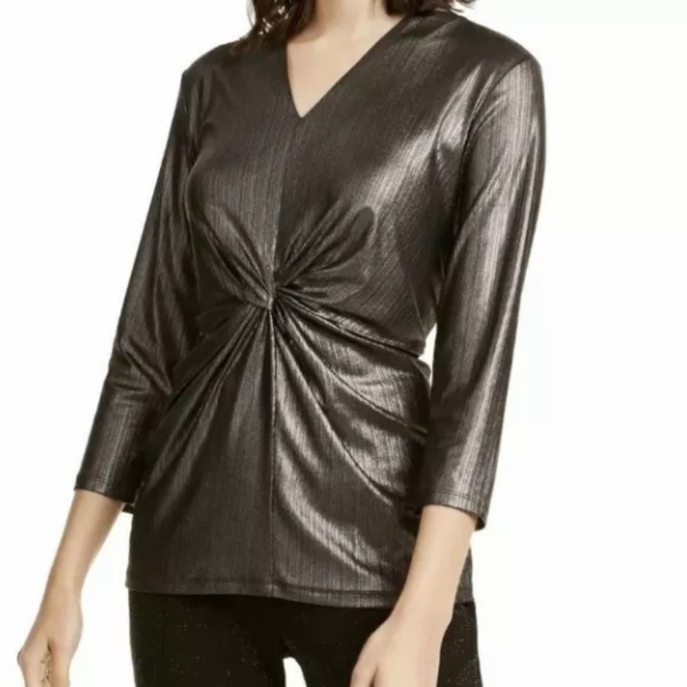 Alfani Women's 3/4 Sleeve Twist Front Top Gunmetal Black M